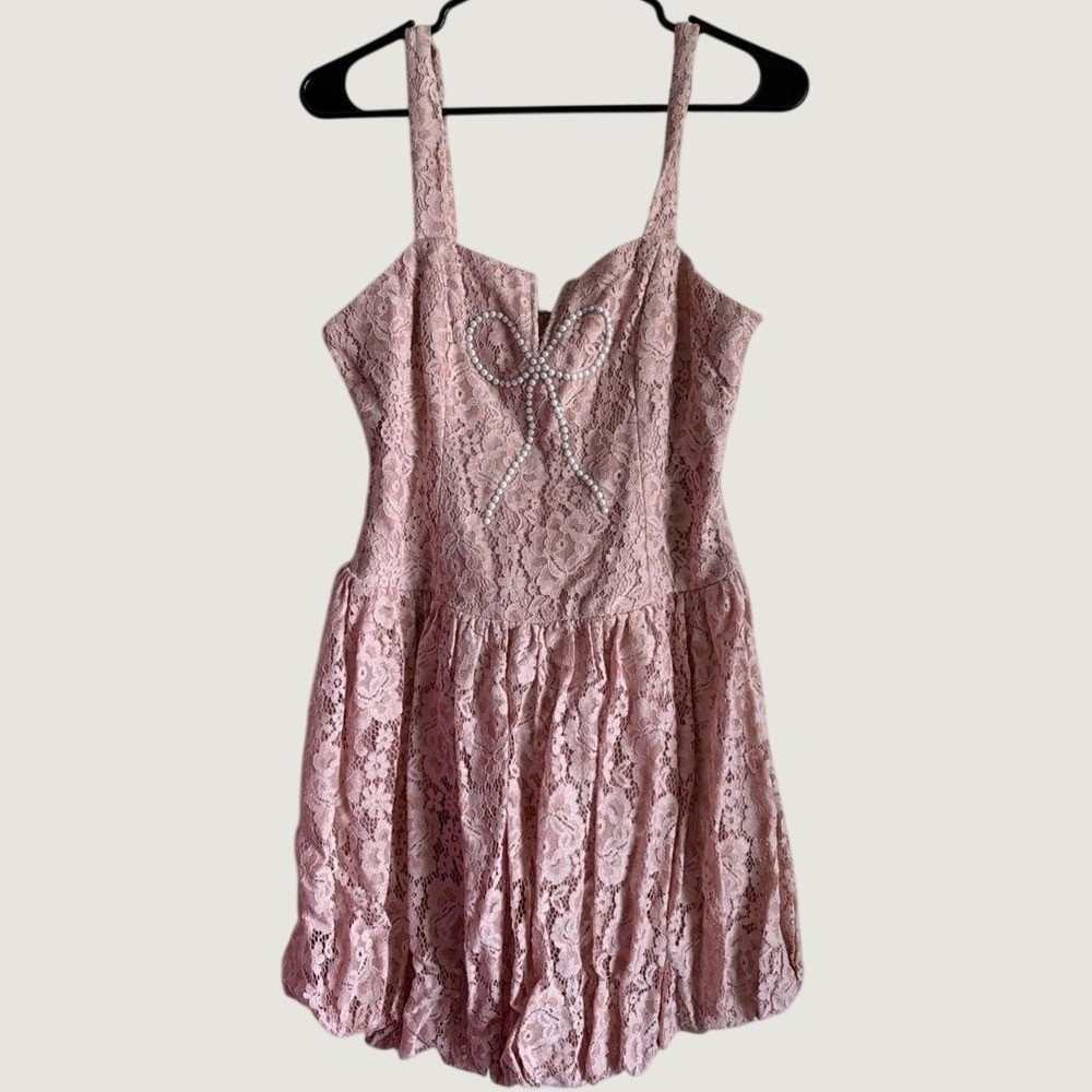 City Vibe Lace Mini Dress 9 Pearl Bow Detail Cotton Nylon Fit &‎ Flare Pink